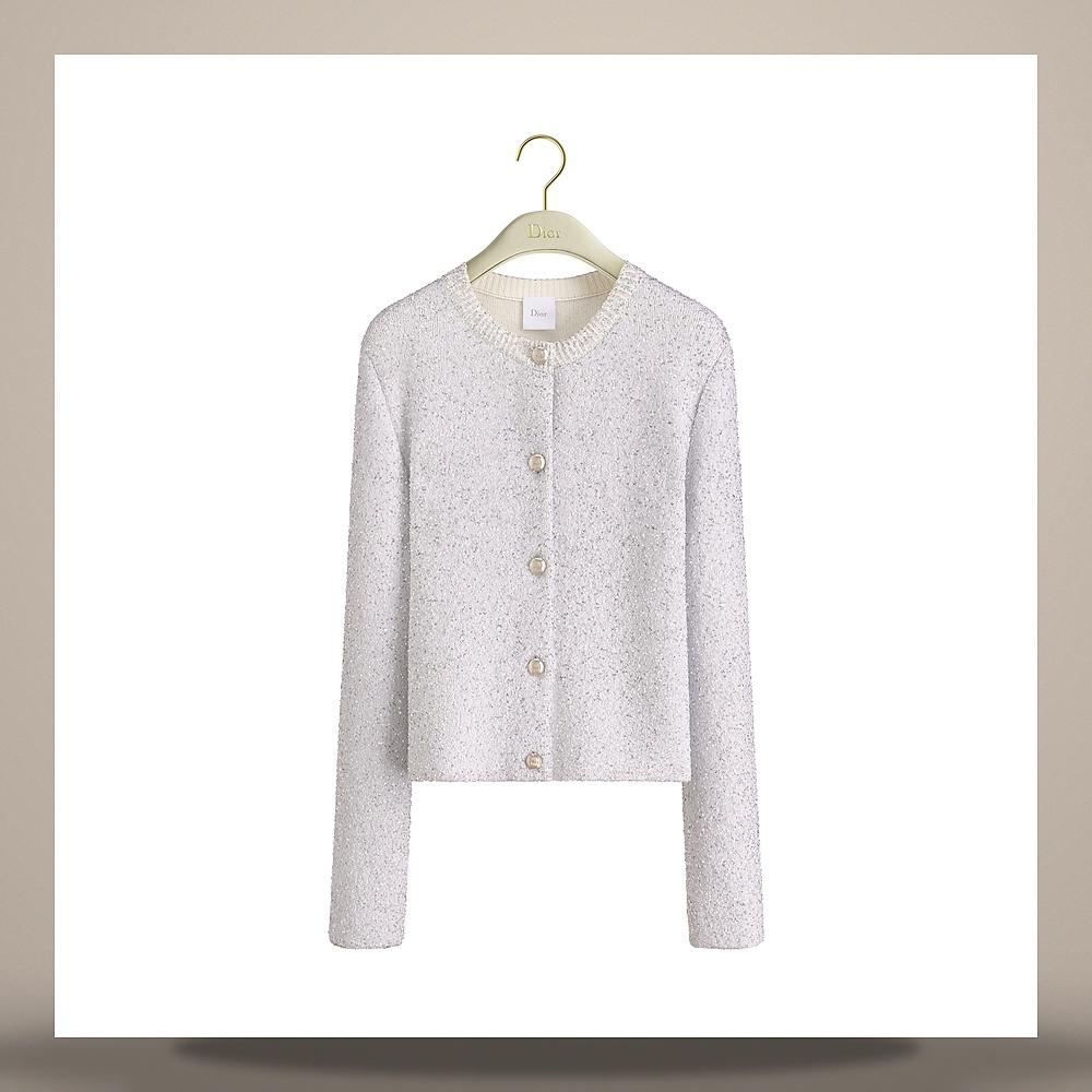 DIOR Ecru Technical Knit Cardigan with Silver-Tone Sequins 654G03A5I45X0200