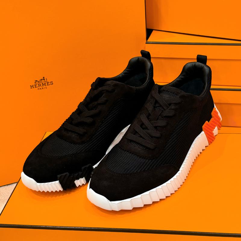 HERMES Bouncing Suede Black H Orange Two-Tone Low-Top Sneakers