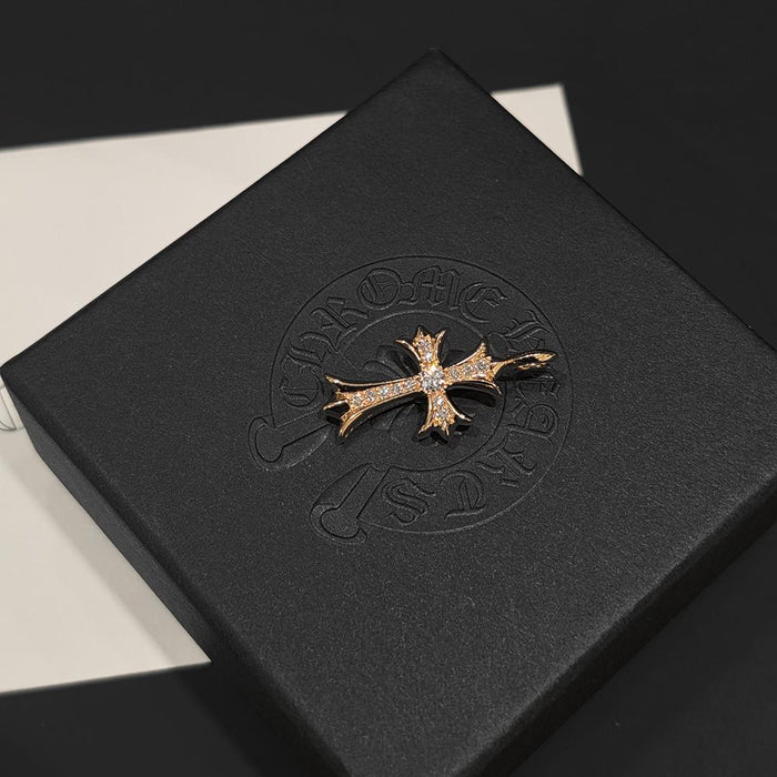 Chrome Hearts 22k Gold Tiny Cross Pave Diamond Charm Pendant