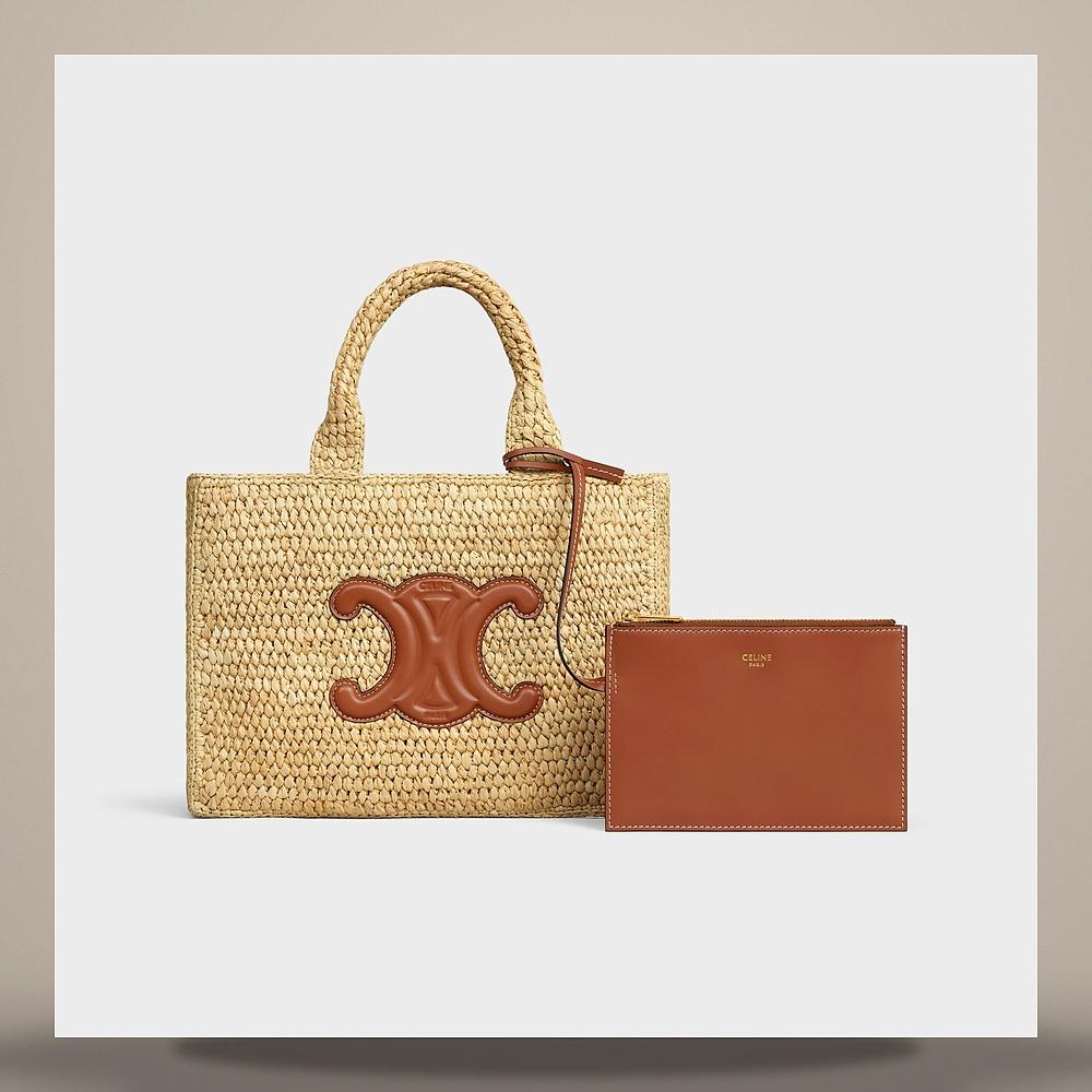 CELINE Small Cabas Thais Raffia Calfskin Tote Bag Tan
