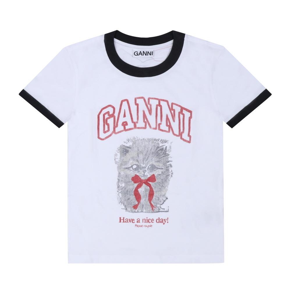 GANNI White Crop Kitty Short Sleeve Women's T-Shirt A1050030 151
