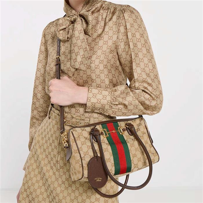 GUCCI Borsetto Medium Boston Bag Beige Canvas Leather Shoulder Bag