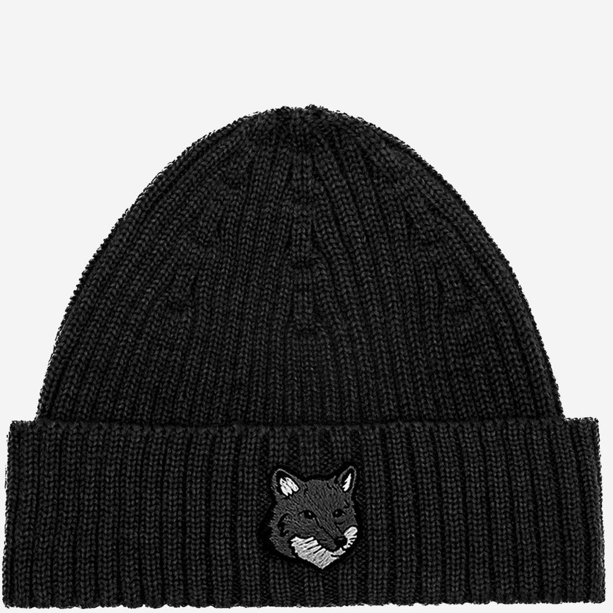 Maison Kitsune Wool Rib Knit Beanie Hat Black