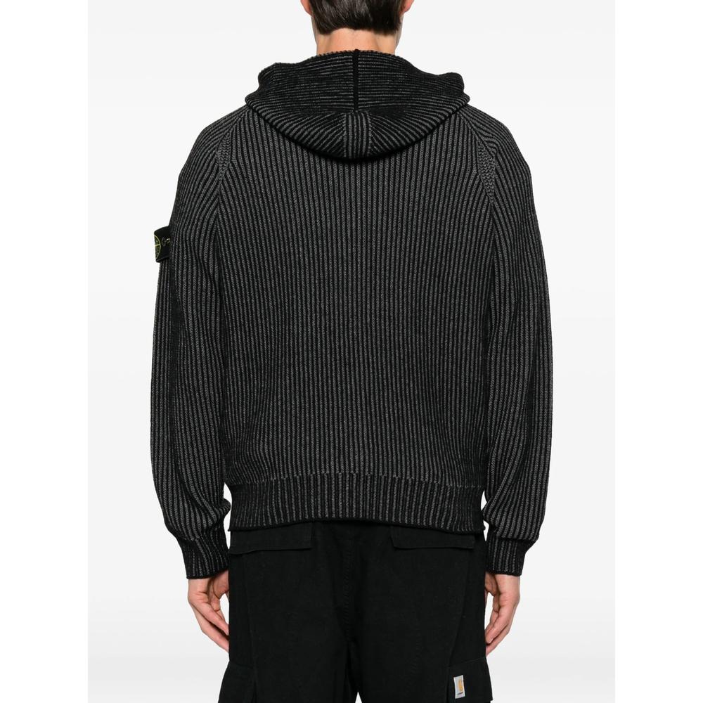 STONE ISLAND Black Wool Zip-Up Knit Cardigan