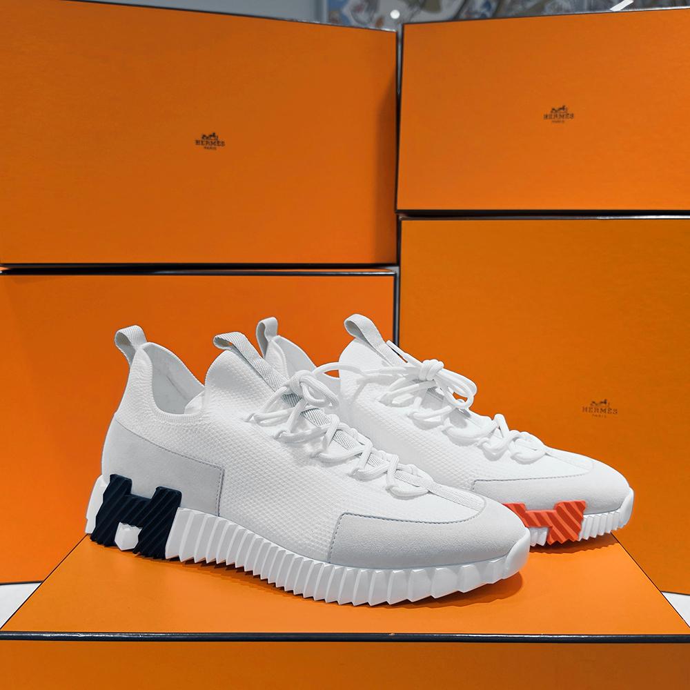 HERMES Lift Low-Top Sneakers White with Black Orange H Logo
