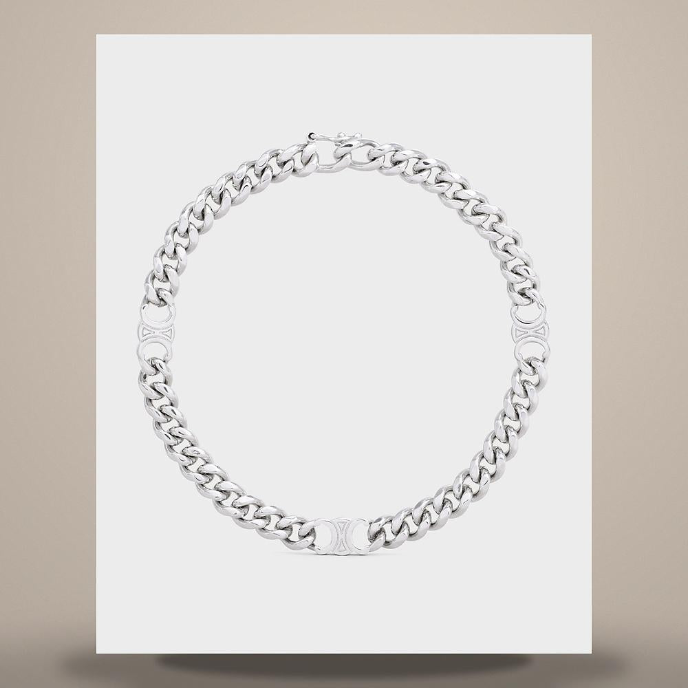 CELINE Triomphe Gourmette Necklace Rhodium Finish Brass Silver 460JF6BRA 36SI