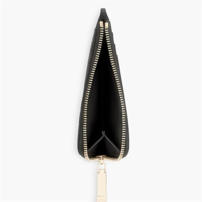 DIOR Lady Dior Compact Zip Card Holder Black Leather Wallet