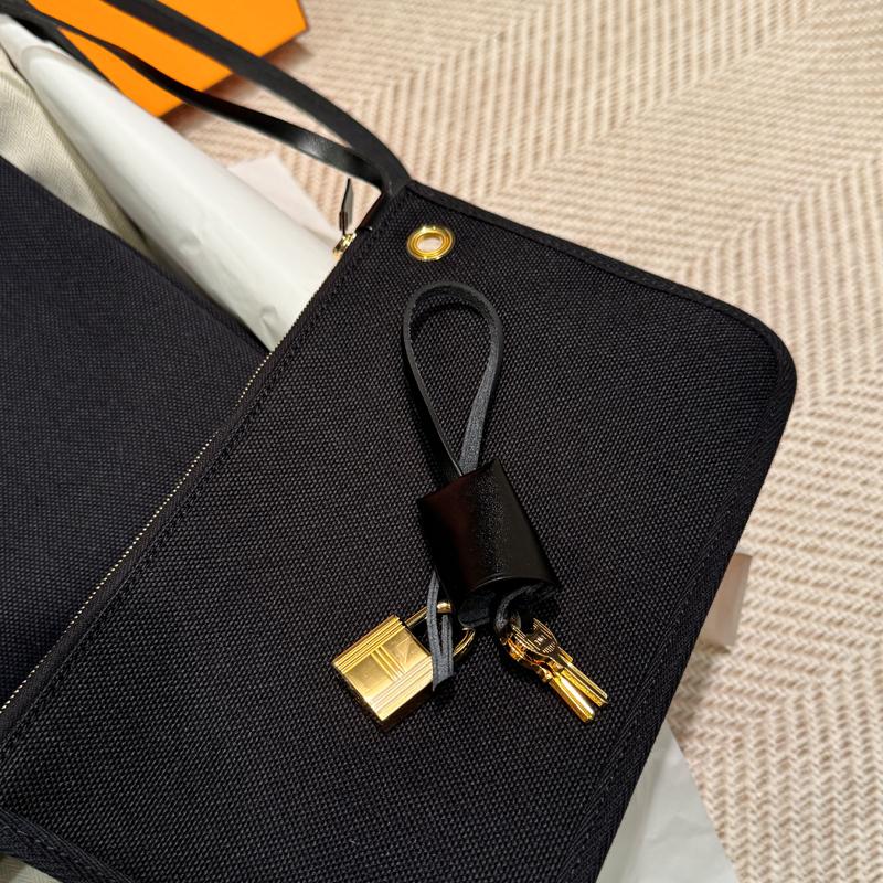 HERMES Black Canvas Herbag Shoulder Tote Gold-Tone Hardware Tote Bag 31