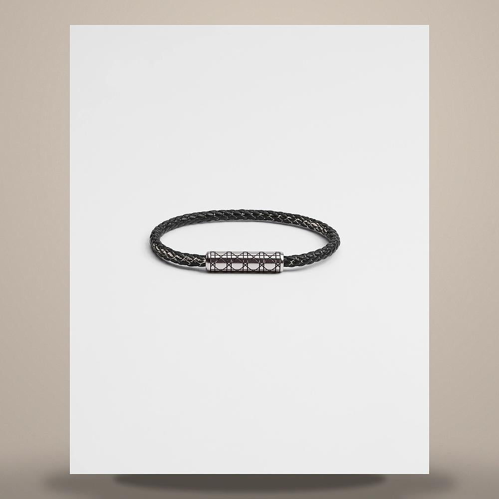 DIOR Cannage Woven Black Calfskin Bracelet Silver-Finish Brass