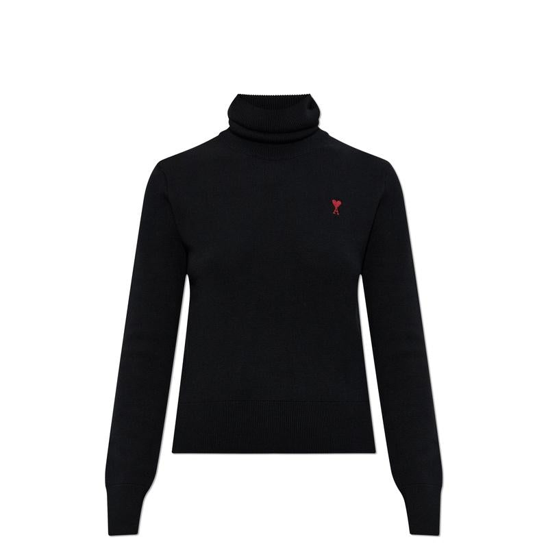 AMI Heart Logo Women’s Turtleneck Knit Sweater Black Wool
