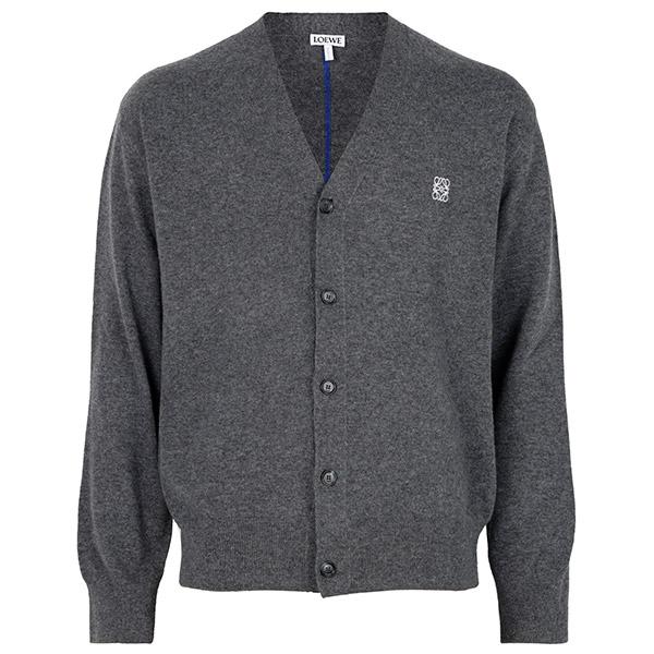 LOEWE Gray Anagram V-Neck Wool Cardigan