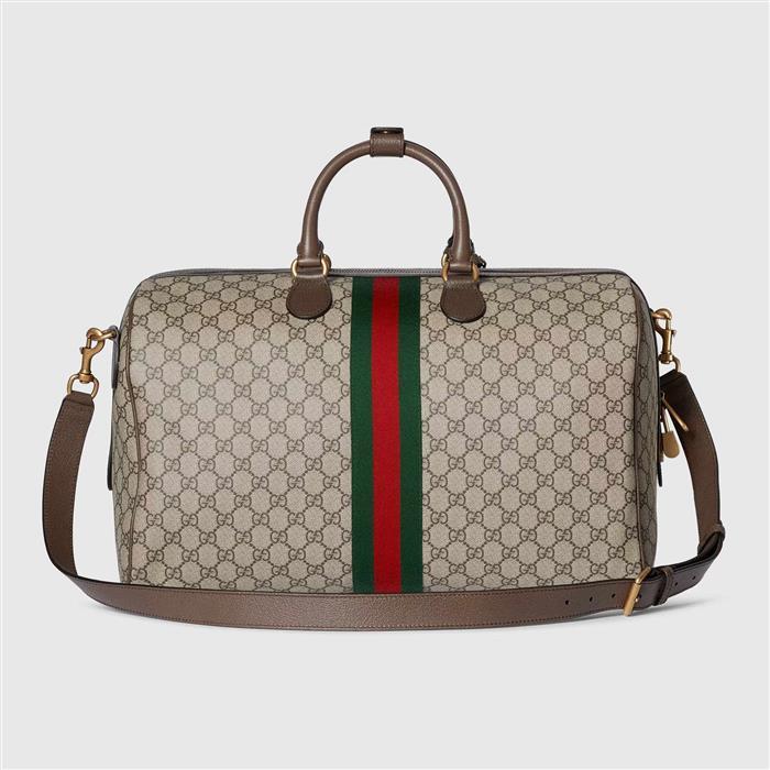 GUCCI Savoy Medium Duffel Bag Beige GG Canvas Leather Trim Crossbody
