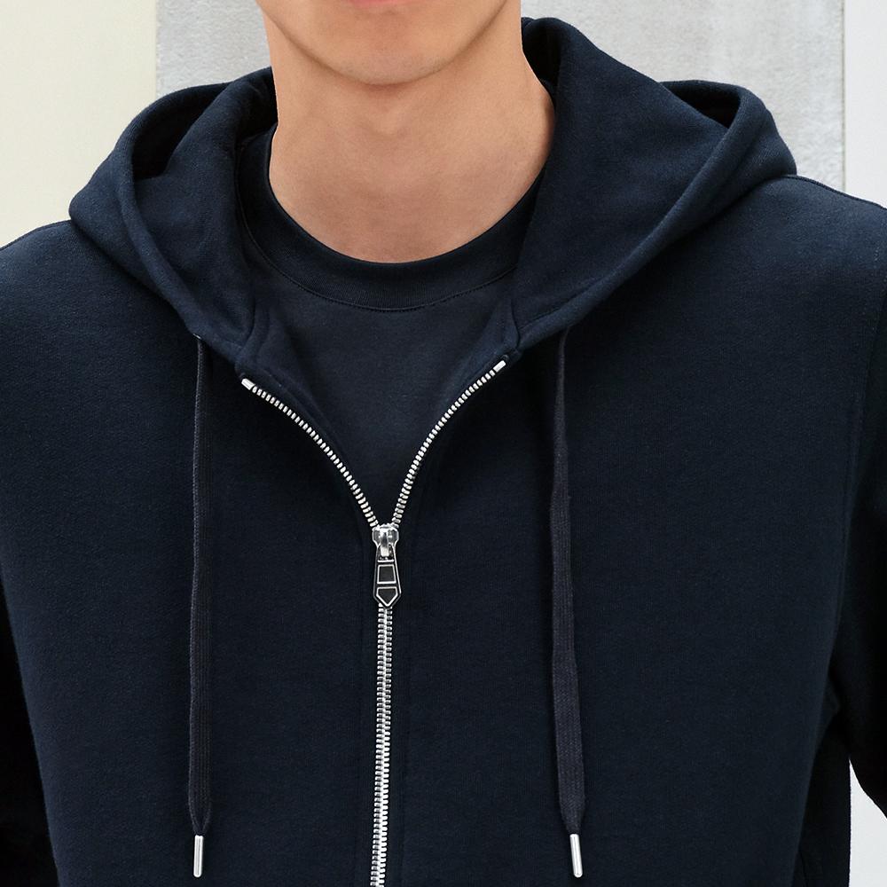 HERMES Ex Libris Silk Detail Zip-Up Hoodie Marine Navy Men’s