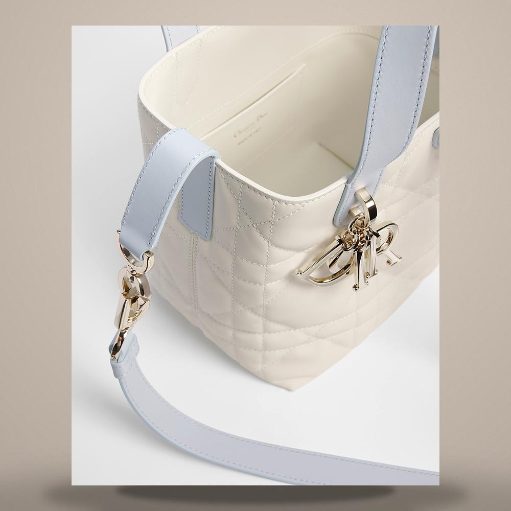 DIOR Two-Tone Latte Ice Blue Macro Cannage Calfskin Vertical Tote M2835OSOB M13E