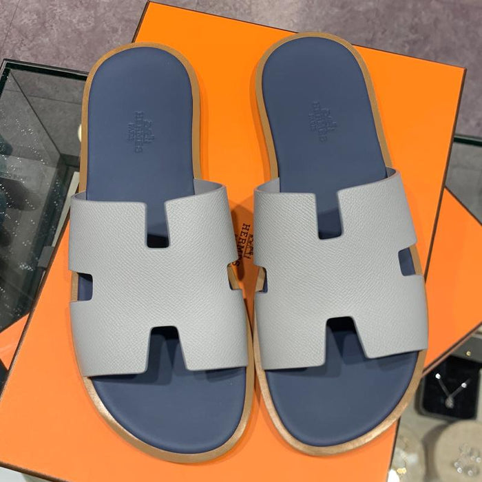 HERMES Izmir Epsom Calfskin Sandals Gray Navy Men’s