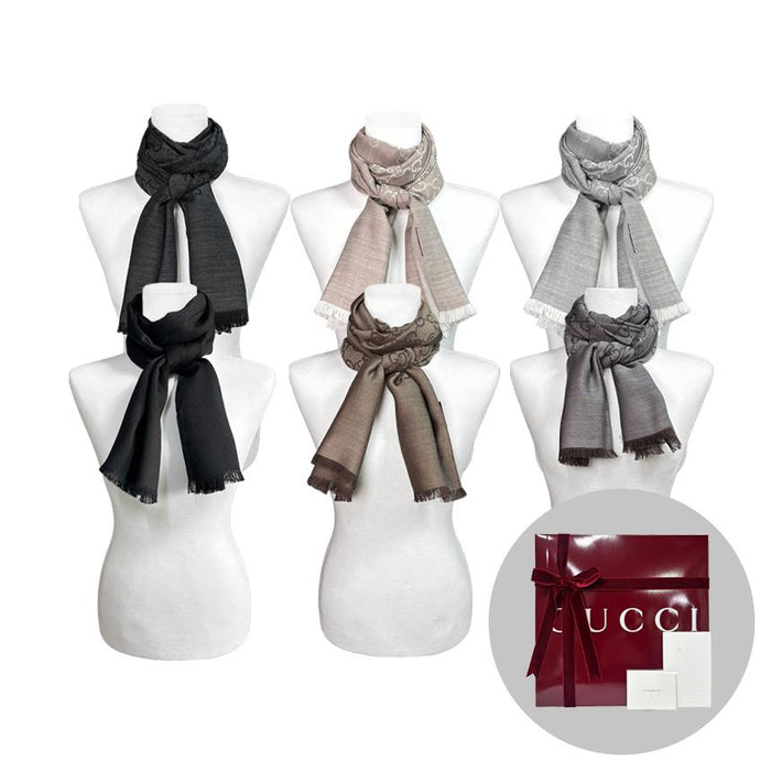 GUCCI GG Jacquard Wool Silk Reversible Scarf Unisex 165904