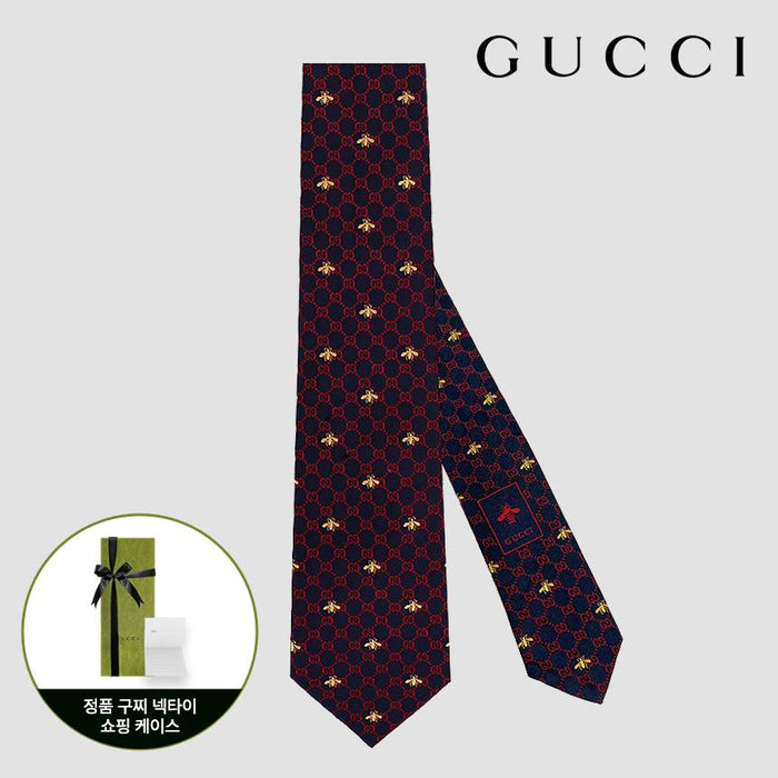 GUCCI Navy Red GG Bee Silk Tie 545078 4E002 4174