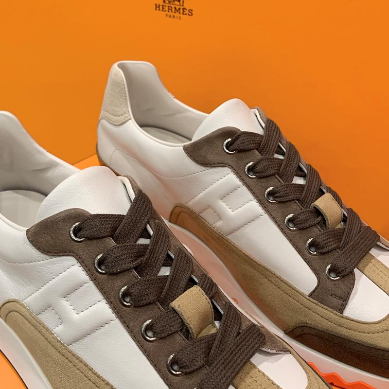 HERMES Men’s Trail Sneakers Calfskin White Brown Low-Top