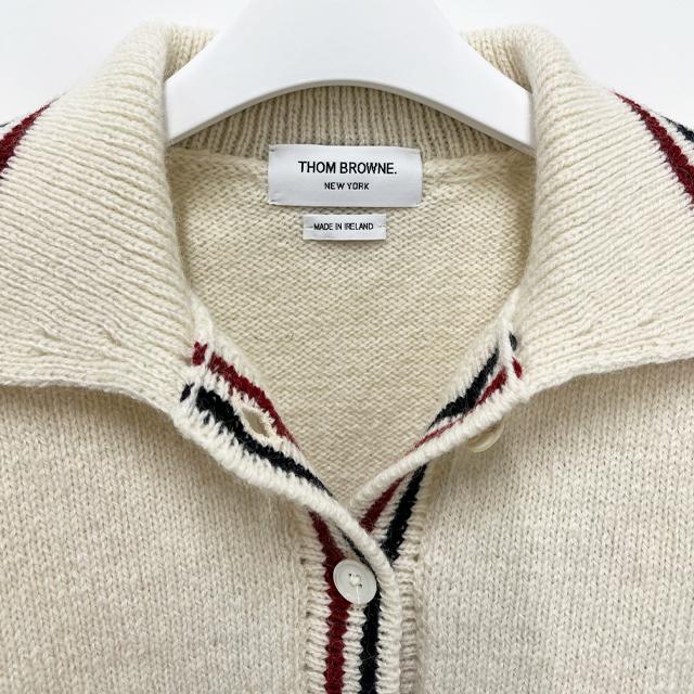 THOM BROWNE Donegal RWB Stripe Hector Pointelle Cardigan White