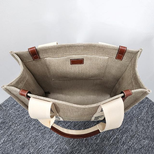 Chloe Woody NS Tote Bag Beige Canvas Leather Trim