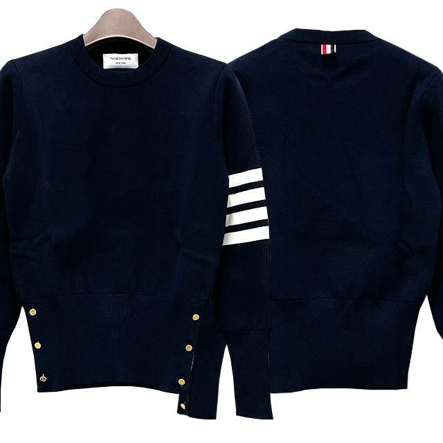 THOM BROWNE Navy 4-Bar Crepe Milano Stitch Cotton Crewneck Sweater