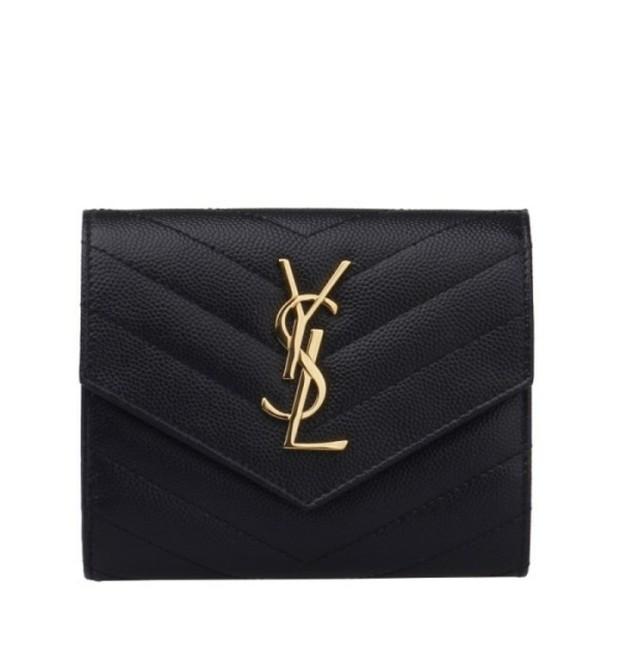 Saint Laurent Black Tri-Fold Leather Monogram Wallet with Gold Hardware