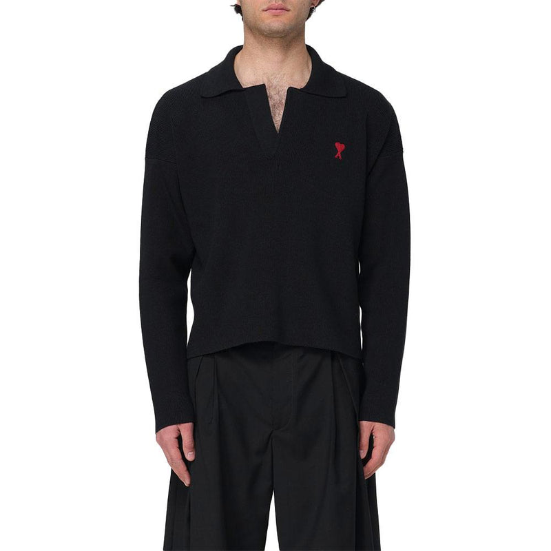 AMI Unisex Heart Logo V-Neck Polo Knit Sweater Black