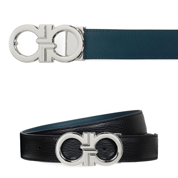 Ferragamo Black Titanium Blue Gancini Reversible Leather Belt Men