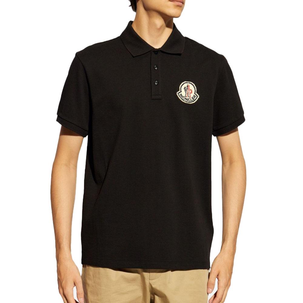 Moncler Men’s Black Big Logo Patch Piqué Short Sleeve Polo Shirt