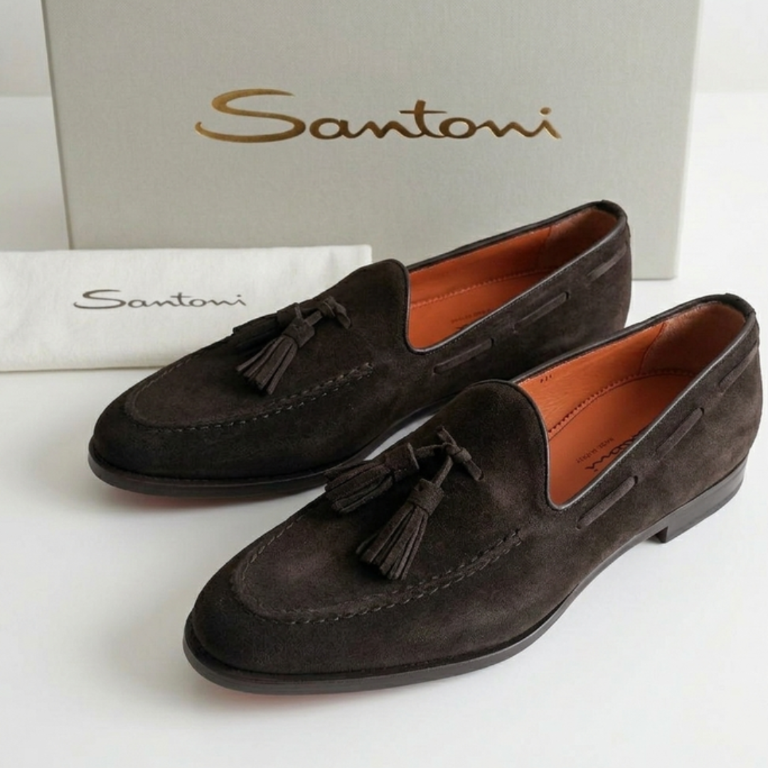 SANTONI Dark Brown Suede Tassel Loafers Men MCWI06429