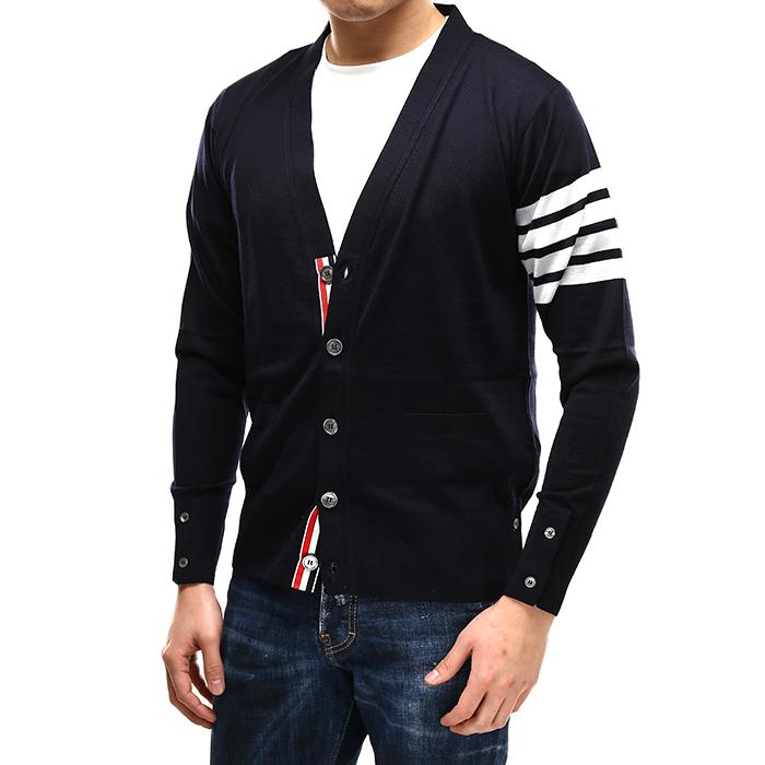 THOM BROWNE Classic Merino Wool Diagonal Stripe Cardigan Navy Men