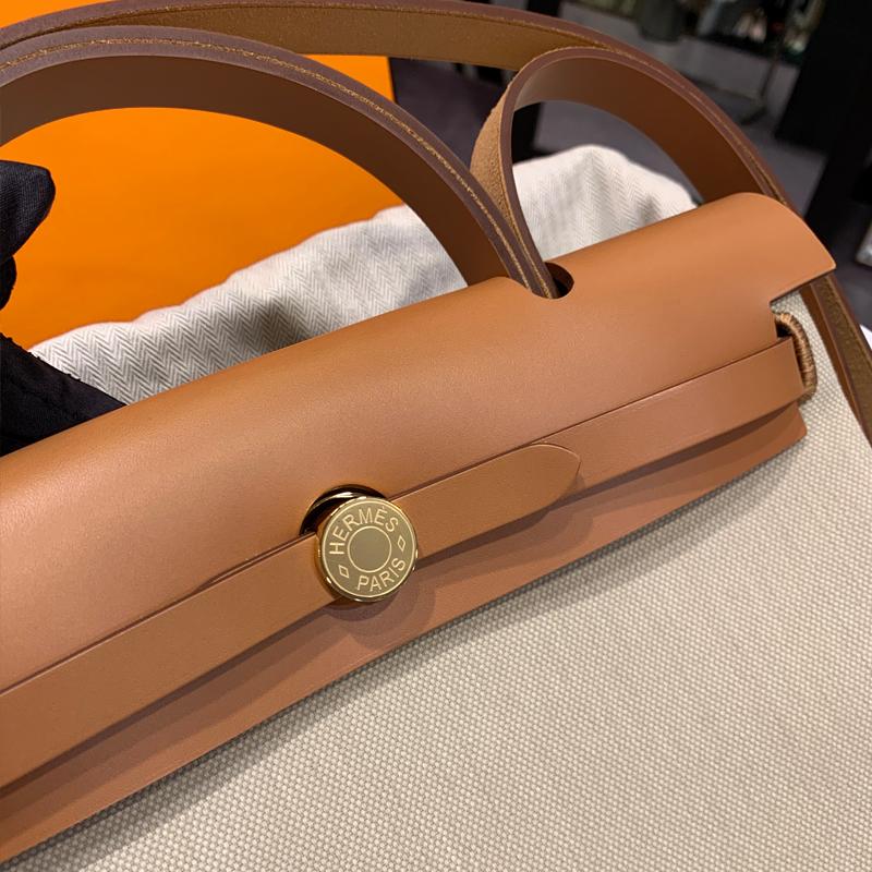 HERMES Herbag 31 Shoulder Tote Bag Beton Canvas Gold Hardware