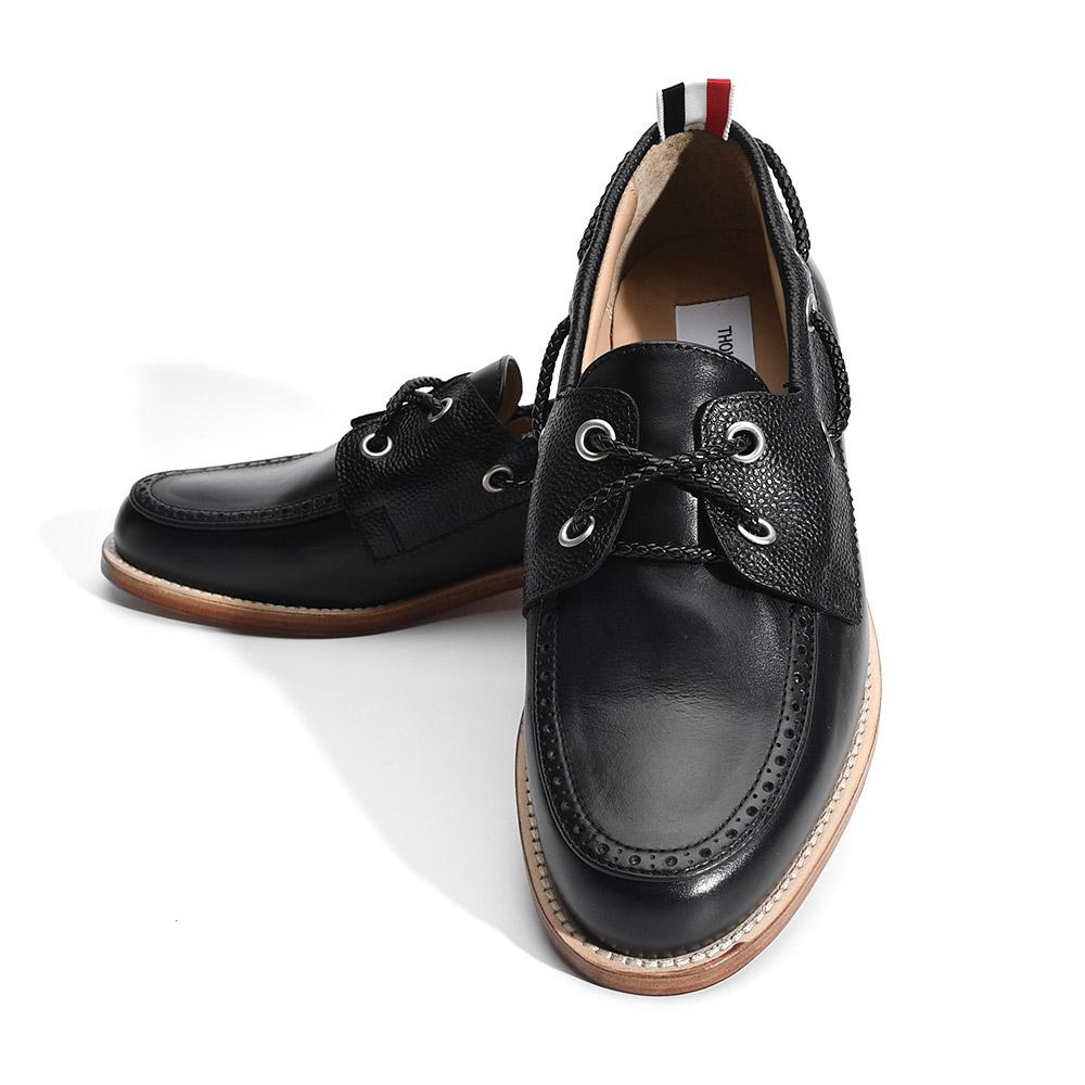 THOM BROWNE Black Vitello Calf Leather Boat Shoes Men's