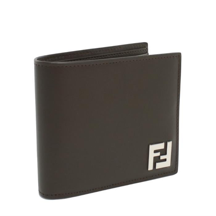 FENDI FF Logo Square Brown Leather Bifold Wallet
