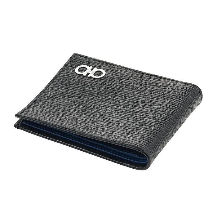 Ferragamo Gancini Bifold Wallet Black Blue Leather Men’s