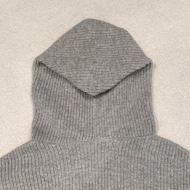 CELINE Ribbed Wool Hooded Knit Sweater Gray