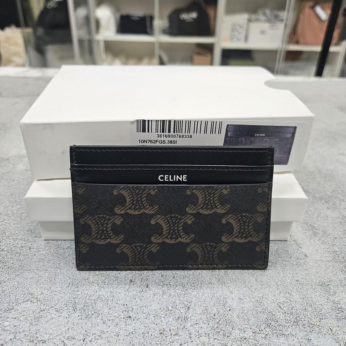 CELINE Unisex Medium Triomphe Canvas Calfskin Card Holder Black