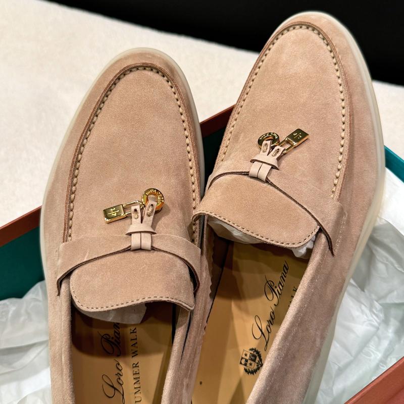 Loro Piana Suede Summer Charms Walk Loafers Sand Brown Gold-tone