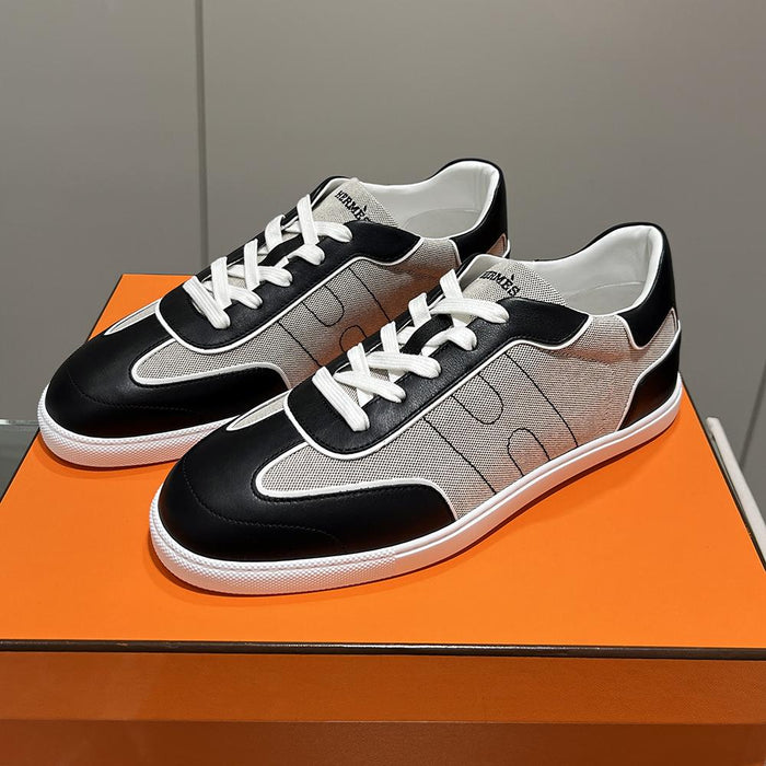 HERMES Beige Black Canvas Leather Match Low Top Sneakers