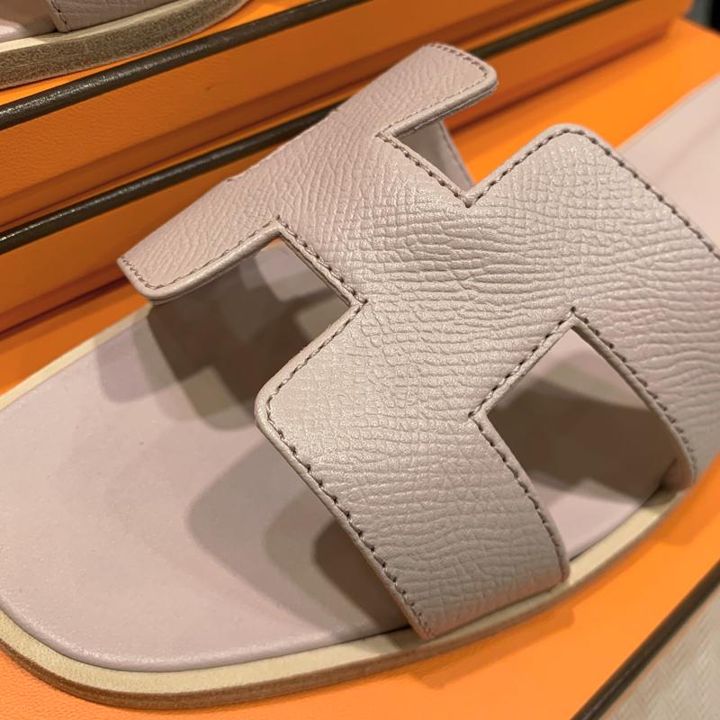 HERMES Oran Sandals Pink Beige Calfskin Women’s Slippers