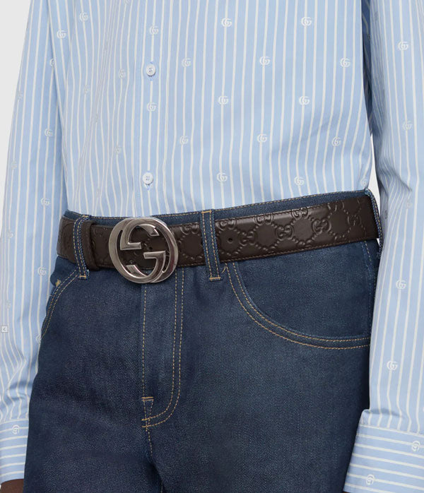 GUCCI Dark Brown Signature GG Buckle Leather Belt 114984 114876