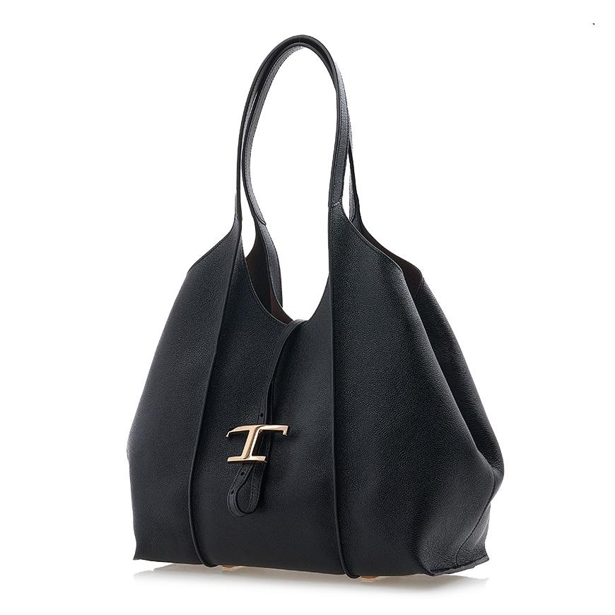 Tods Timeless T Shopper Tote Bag Black Leather Women