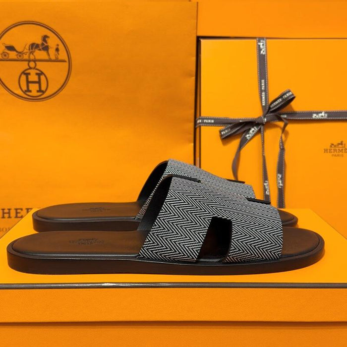 HERMES Izmir Chevron Calfskin Black Sandals for Men