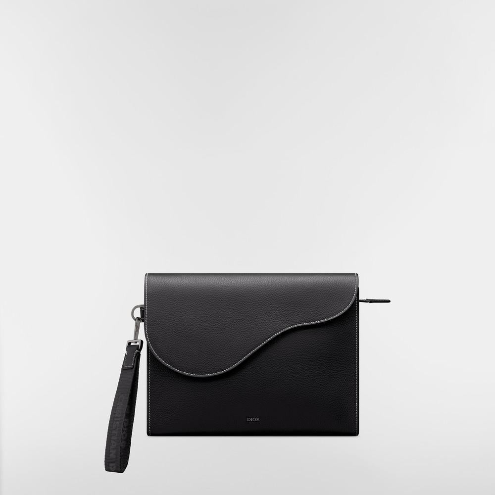 DIOR Black Grained Calfskin Saddle A5 Triangle Pouch Card Holder