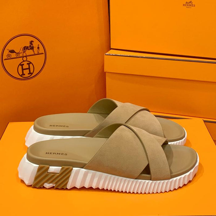 HERMES Beige Calfskin Infra H Slide Sandals for Men