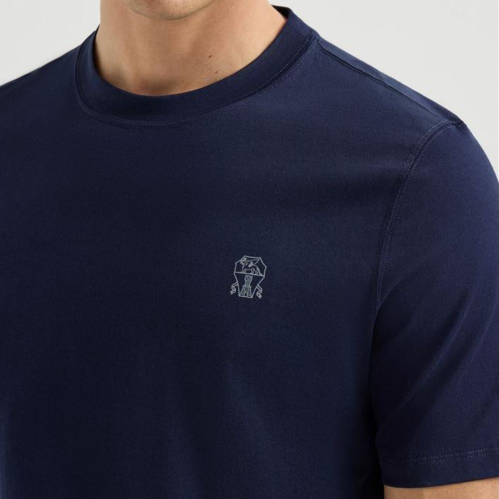 Brunello Cucinelli Logo Cotton Jersey Crewneck T-Shirt Navy Black