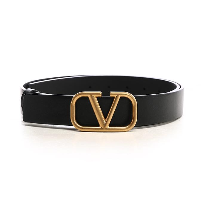 VALENTINO Men’s V Logo Gold-Tone Leather Belt Black