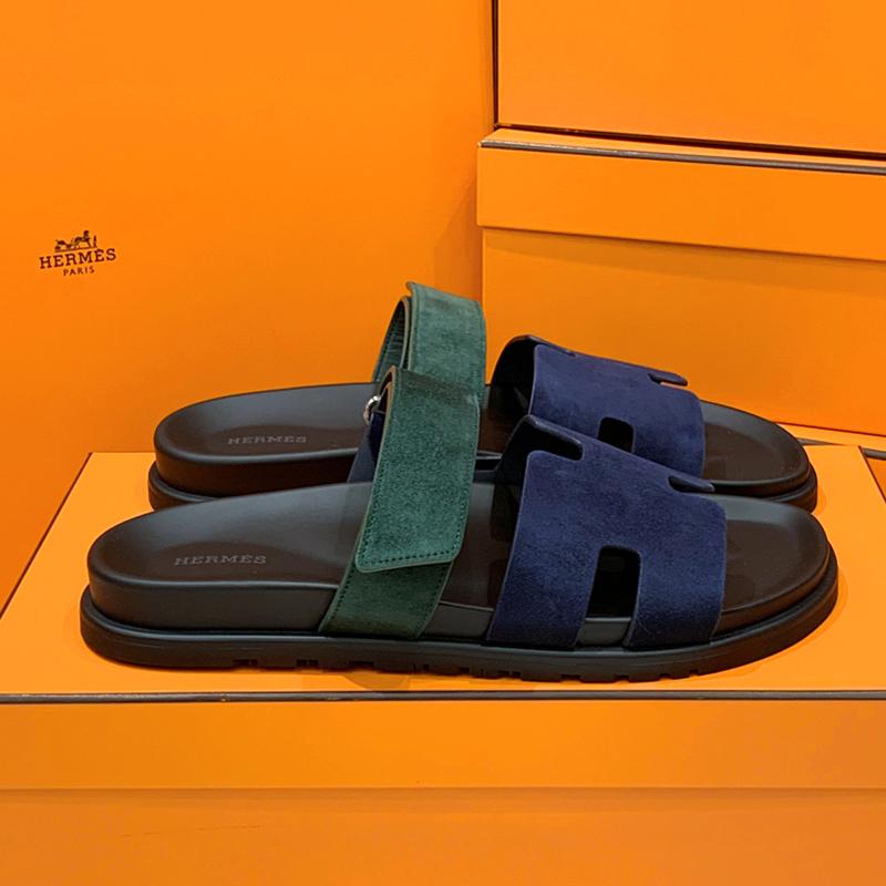 HERMES Men’s Chypre Suede Calfskin Green Blue Two-Tone Sandals