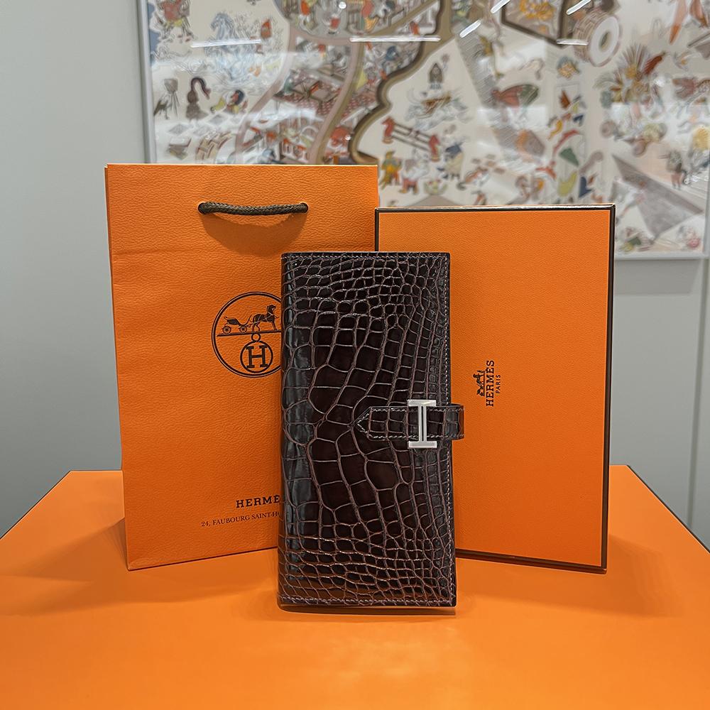 HERMES Deep Brown Shiny Alligator Long Wallet Silver Hardware
