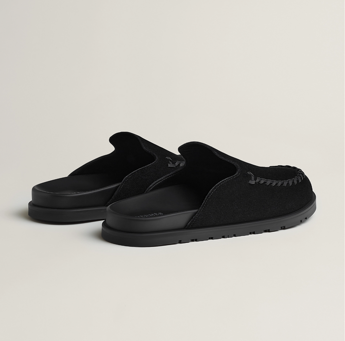 HERMES Johan Mule Leather Slippers Black Unisex
